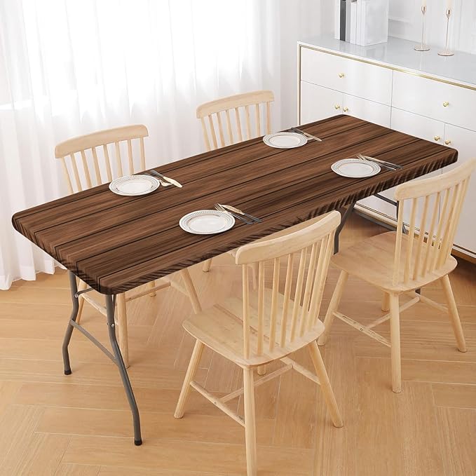 Irisbell Picnic Table Cover with Elastic Edge,6FT Wind Proof Wrinkleproof Fitted Tablecloth Cover Camping Beach Patio Rectangle Table Cloth for Indoor Outdoor (Wooden Grain, 30'' x 72'')