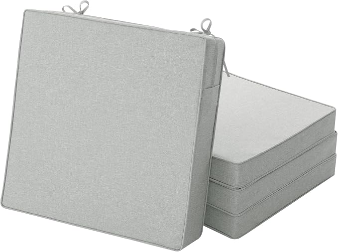 Outdoor Chair Cushions, Set of 4, 18 x 18 Inch, Light Grey | Water-Resistant, Fade-Resistant, Patio Square Seat Replacement with Ties Zipper, Removable Cover, Non-Slip Bottom