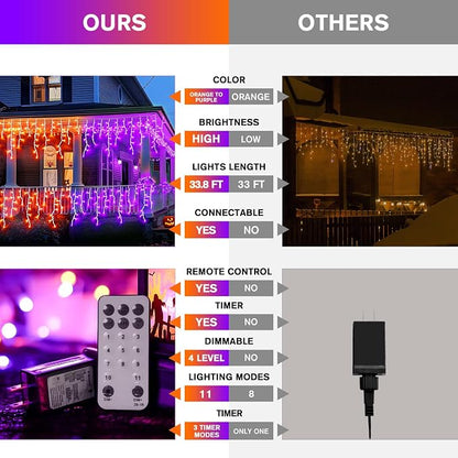 JMEXSUSS 400 LED Color Changing Halloween Lights Outdoor | 38.8ft Orange to Purple Halloween Icicle Lights with Remote, Waterproof String Light Plug in for Outdoor Indoor Party Decor
