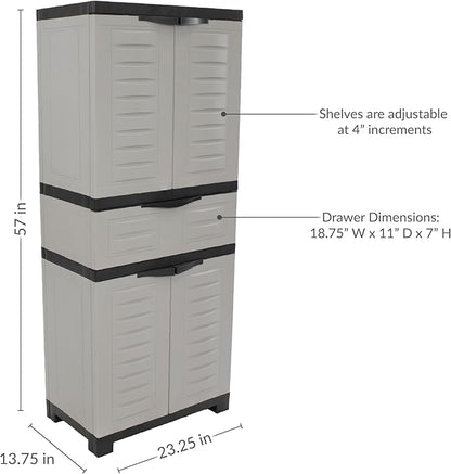 Sunnydaze 57" H Resin Garage Storage Cabinet - Garage Cabinet with 2 Adjustable Shelves - Freestanding Utility Storage for Laundry Room, Office, Basement - Gray