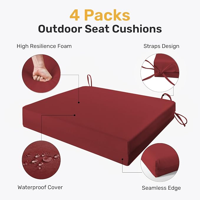 UNIKOME Outdoor Chair Cushions, Set of 4, 24"*24"*4", Water Resistant, Wine | High-Density Foam Patio Cushions with Ties, UV & Fade Resistant, Square Corner Seat Cushions for Outdoor Furniture