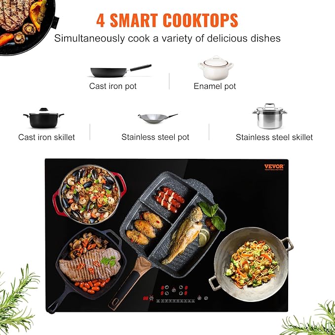 VEVOR Electric Cooktop, 4 Burners, 30'' Induction Stove Top, Built-in Magnetic Cooktop 7500W, 9 Heating Level Multifunctional Burner, LED Touch Screen w/Child Lock & Over-Temperature Protection