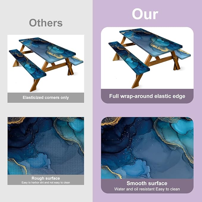 Marble Picnic Table Cover with Table Cover, Elastic Tablecloth for Outdoor Picnic Tables, Blue Ocean and Gold Texture Design, Tablecloth for Camping, Barbecue and Terrace Dining