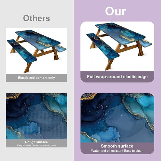 Marble Picnic Table Cover with Table Cover, Elastic Tablecloth for Outdoor Picnic Tables, Blue Ocean and Gold Texture Design, Tablecloth for Camping, Barbecue and Terrace Dining