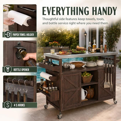 Outdoor Kitchen Island, 50.25" Rolling Grill Table with Storage Cabinet, 201 Stainless Steel Top Outdoor Bar Cart, Solid Fir Wood BBQ Prep Station with Adjustable Shelves, Spice Rack (Dark Brown)