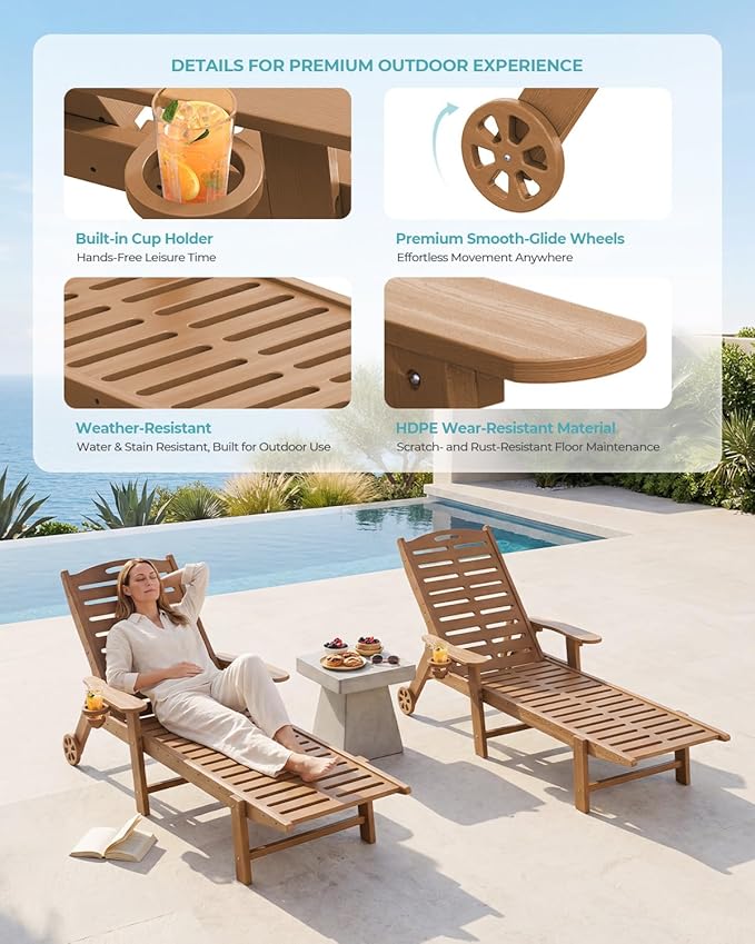 Lounge Chairs Outdoor Set of 2, 5-Position Adjustable Patio Lounge Chairs with Wheels & Cup Holder, Heavy Duty HDPE Oversized Poolside Set, Easy Rolling Sun Loungers for Deck, Lawn, Backyard, Teak