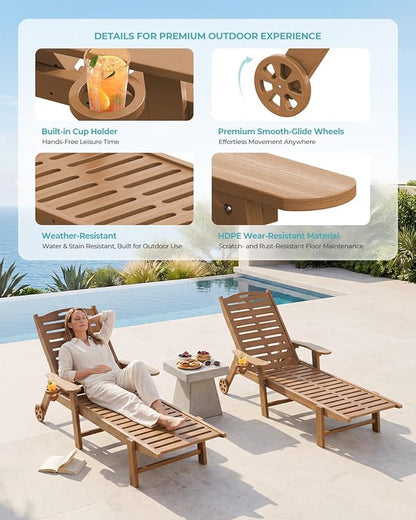 Lounge Chairs Outdoor Set of 2, 5-Position Adjustable Patio Lounge Chairs with Wheels & Cup Holder, Heavy Duty HDPE Oversized Poolside Set, Easy Rolling Sun Loungers for Deck, Lawn, Backyard, Teak