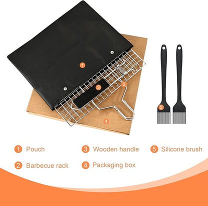 Fish Grill Baskets，Folding Portable Fish Grilling Rack For Grill, BBQ Grilling Basket, Stainless Steel Grill Basket For Veggies, Shrimp, Meat Cook，Come With Storage Bag and Two Basting Brush