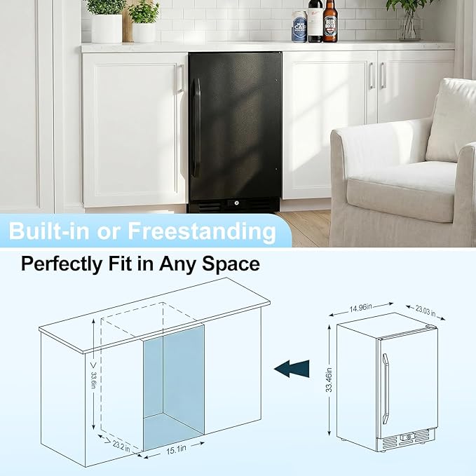 15 Inch Beverage Cooler, 127-Can Stainless Steel Drink Refrigerator with Reversible Door, Built-in or Freestanding Mini Fridge with Blue LED Light, Lock and Key for Indoor Outdoor Use, Black