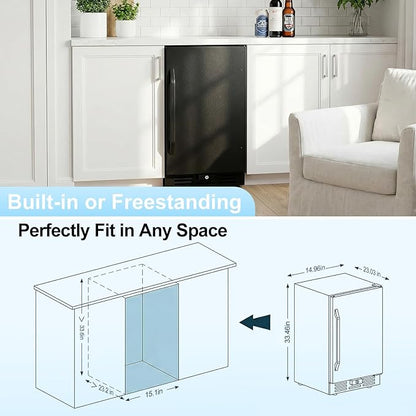 15 Inch Beverage Cooler, 127-Can Stainless Steel Drink Refrigerator with Reversible Door, Built-in or Freestanding Mini Fridge with Blue LED Light, Lock and Key for Indoor Outdoor Use, Black