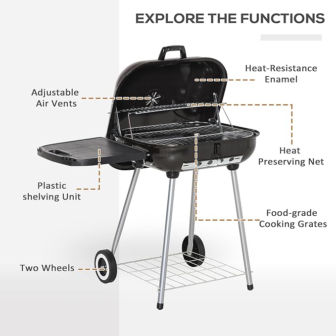 21" Portable Charcoal Grill with Wheels and Bottom Shelf, Outdoor Mini BBQ Grill with Adjustable Vents on Lid for Picnic Camping Backyard Cooking, Black
