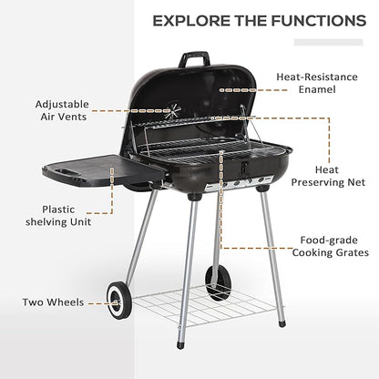 21" Portable Charcoal Grill with Wheels and Bottom Shelf, Outdoor Mini BBQ Grill with Adjustable Vents on Lid for Picnic Camping Backyard Cooking, Black
