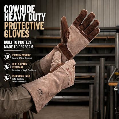 Leather Welding Gloves for Men,Long Sleeve Fireproof and Heat Resistant Mitts for Firefighting,Fireplace,Oven,Baking,BBQ,Stove,Pot Holder,Yard Work Thorn Proof (Brown Large)