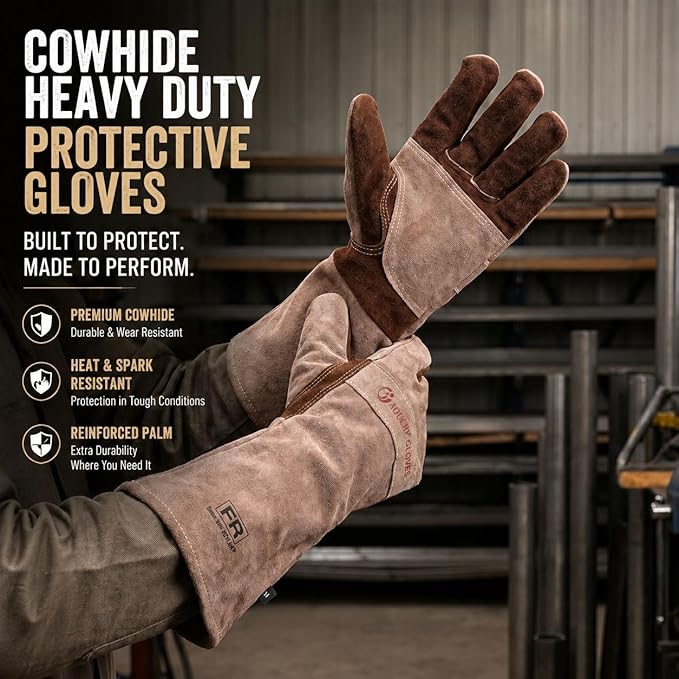 Leather Welding Gloves for Men – Long Fireproof & Heat Resistant Work Gloves for Welding, BBQ, Fireplace, Oven, Baking, Stove, Pot Handling, Yard Work, Thorn Proof (Brown, XL)