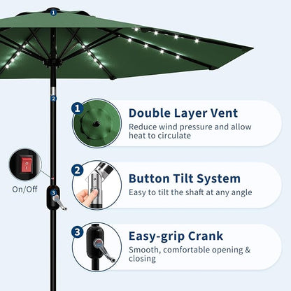 Garvee patio Umbrella with Solar Lights, Outdoor Table Umbrella with 8 Durable Ribs, Tilt & Crank Mechanism, Waterproof & UV Protection for Garden, Backyard, Poolside,