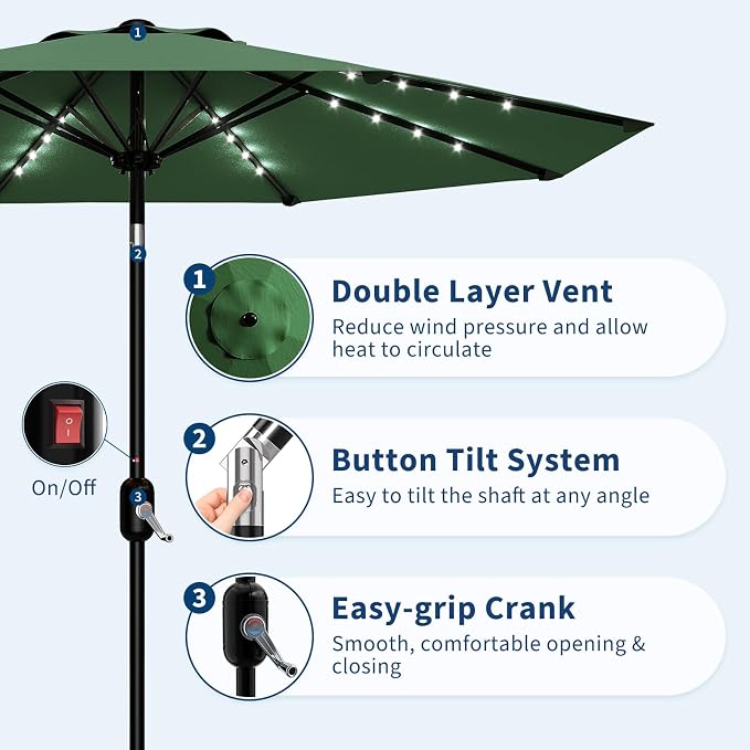 Garvee patio Umbrella with Solar Lights, Outdoor Table Umbrella with 8 Durable Ribs, Tilt & Crank Mechanism, Waterproof & UV Protection for Garden, Backyard, Poolside,