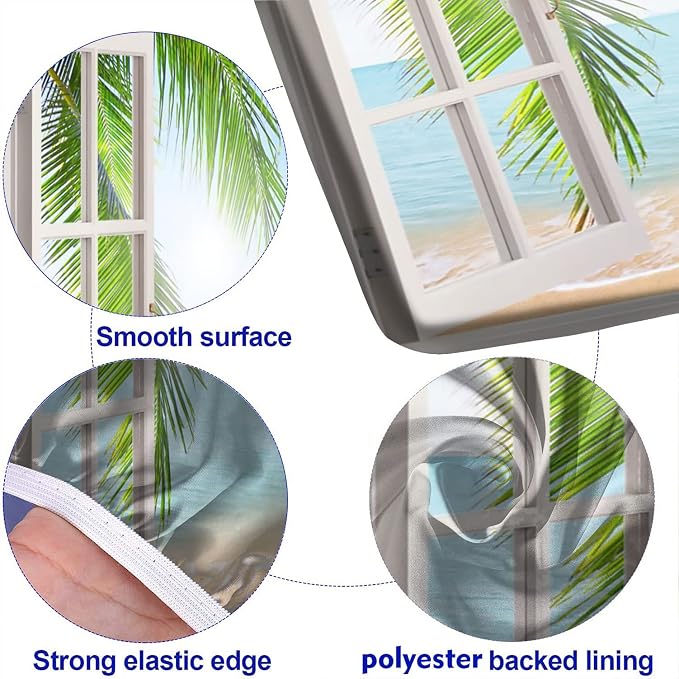 White Wooden Windows Picnic Table and Bench Fitted Tablecloth Cover, 3-Piece Set, Tropical Palms on Ocean Print Elastic Edge Rectangle Fitted Tablecloth for Outdoor Camping & Dinning, 72x28 Inch