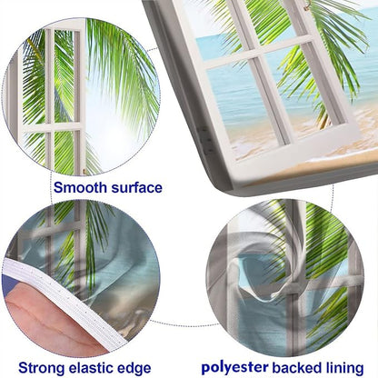 White Wooden Windows Picnic Table and Bench Fitted Tablecloth Cover, 3-Piece Set, Tropical Palms on Ocean Print Elastic Edge Rectangle Fitted Tablecloth for Outdoor Camping & Dinning, 72x28 Inch