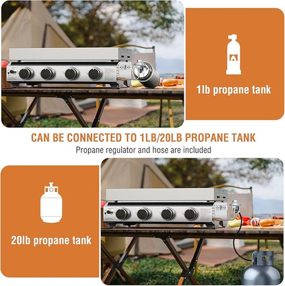 COWSAR Portable 4 Burners Stainless Steel BBQ Griddle, 32000 BTUS Propane Gas Grill with Uncoated and Non-stick Grids for Garden, Camping, Outdoor, Picnic