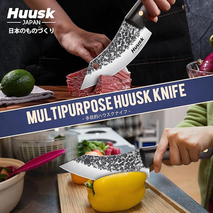 Huusk Japanese Mini Cleaver Knife, Small Meat Knives with Sheath, Unique Caveman Knives, Hand Forged Full Tang Chef Viking Knife for Fishing, Outdoor Camping, BBQ, Gift for Men and Women