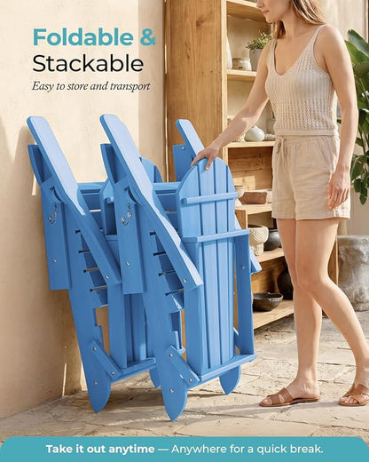 Ciokea Folding Adirondack Chairs Set of 4, Patio Adirondack Chair Weather Resistant, Plastic Fire Pit Chair with Cup Holder, Lawn Chair for Outdoor Porch Garden Backyard Deck, Baby Blue