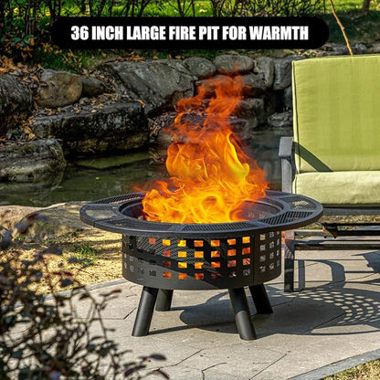 Verdeluxe 36 inch Outdoor Fire Pit with Grill,Wood Burning Fire Pits for Outside with Lid & Fire Poker,Metal 3-in-1 Firepit Table with Cooking Grate,Outdoor Firepit for Yard,Bonfire,Patio(Charcoal)