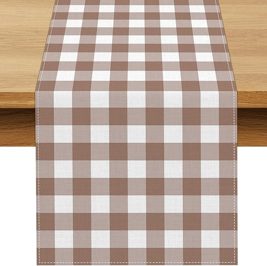 Khaki Gingham Table Runner Light Brown and White Checkered Birthday Wedding Baby Shower Party Decoration BBQ Picnic Home Kitchen Table Decor (Khaki, 13" x 90")