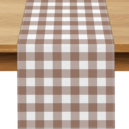 Khaki Gingham Table Runner Light Brown and White Checkered Birthday Wedding Baby Shower Party Decoration BBQ Picnic Home Kitchen Table Decor (Khaki, 13" x 108")