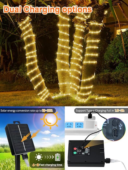 Larger Tube Solar Rope Lights with Remote,39FT 200LEDs Outdoor Solar Strip Lights,IP67 Waterproof USB Charging Solar String Lights, Timing & 8 Modes Fairy Light for Garden Patio Tree (Warm White)