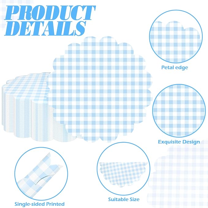 100Pcs Checkered Paper Placemats Light Blue Gingham Place Mats 13.5 Inch Disposable Round Decorative Dining Table Mat with Scalloped Edge Paper Cutouts Decor for Summer Picnic BBQ Table Party Supplies