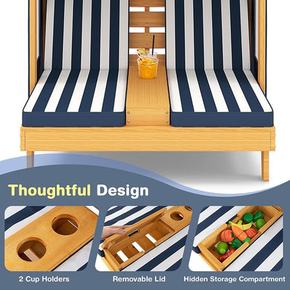 Kids Lounge Chair Outdoor, 2-Seat Toddler Patio Chair with Cushions, Cup Holders, Detachable Canopy, Wooden Double Chaise Lounge for Lawn, Pool, Garden, and Yard (Navy)