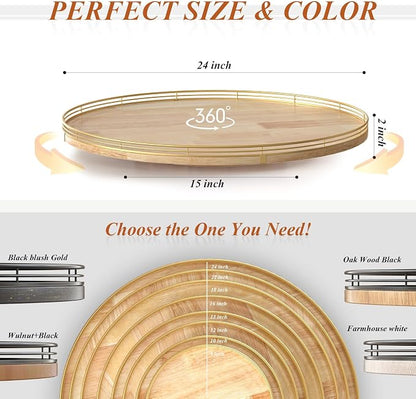 AMH 24-Inch Extra Large Lazy Susan with Solid Oak Base and Black Iron Rail | Smooth rotating oak tray with walnut finish for dining tables, kitchen counters, pantries and cabinet storage.