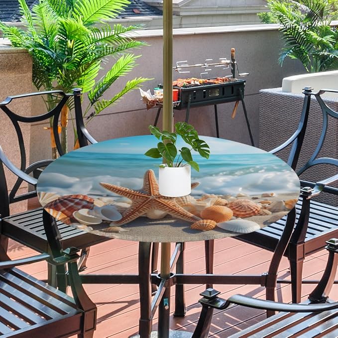 Outdoor Round Tablecloth with Umbrella Hole, Shell Starfish Fitted Table Cloth with Elastic 36"-44" Waterproof Oil-Proof Circle Patio Table Cover for Picnic Camping Party
