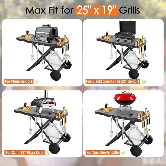 Grill Cart for Weber Q1200, Q1000, Q2200, Q2400, Portable Grill Stand for Blackstone 17"& 22" Table Top Griddles, Foldable Grill Cart for Pizza Ovens with Shelf for Gas Cylinder