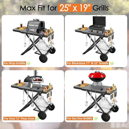 Grill Cart for Weber Q1200, Q1000, Q2200, Q2400, Portable Grill Stand for Blackstone 17"& 22" Table Top Griddles, Foldable Grill Cart for Pizza Ovens with Shelf for Gas Cylinder