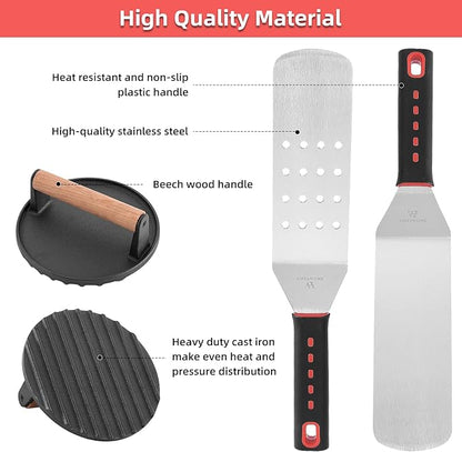 VIKEYHOME Griddle Accessories Kit, 28 Pcs Flat Top Grill Accessories Set for Blackstone, Professional Grill BBQ Spatula Set with Basting Cover, Spatula, Scraper, Bottle, Tongs, Egg Ring