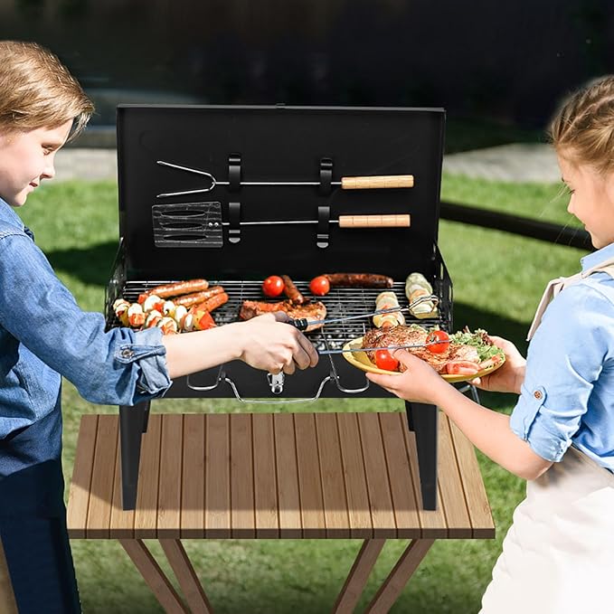Portable Charcoal Grill, Foldable Barbecue Charcoal Grill, 3 Adjustable Height, BBQ Tool Kits for Outdoor Cooking Camping Hiking Picnics Tailgating Backpacking, Asadores de Carbon (Black)