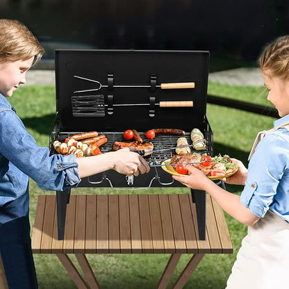 Portable Charcoal Grill, Foldable Barbecue Charcoal Grill, 3 Adjustable Height, BBQ Tool Kits for Outdoor Cooking Camping Hiking Picnics Tailgating Backpacking, Asadores de Carbon (Black)