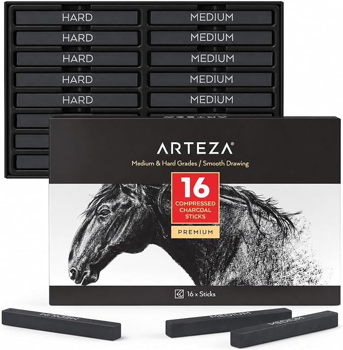 ARTEZA Compressed Charcoal Sticks Set of 16 – Medium and Hard Drawing Crayons for Sketching, Shading, Line Work in Charcoal Art and Figure Drawing