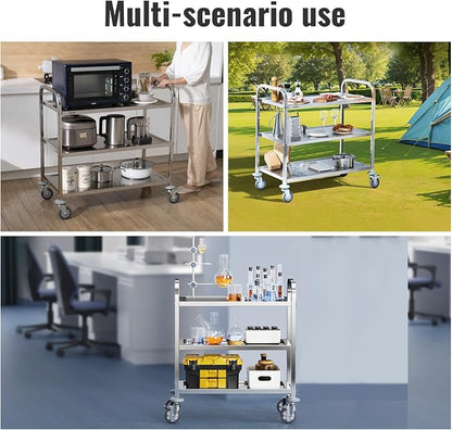VEVOR Stainless Steel Cart, 3 Layers Lab Utility Cart 220 lbs Weight Capacity, Medical Cart with Lockable Universal Wheels, for Lab, Clinic, Kitchen, Salon