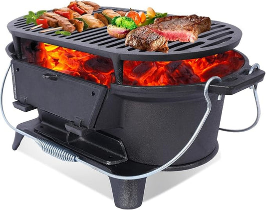 Portable Cast Iron Hibachi Grill - Pre-Seasoned Charcoal Grills, Double-Sided Grate & Adjustable Air Vents, BBQ for Camping, Backyard, Tailgating (Ellipse)