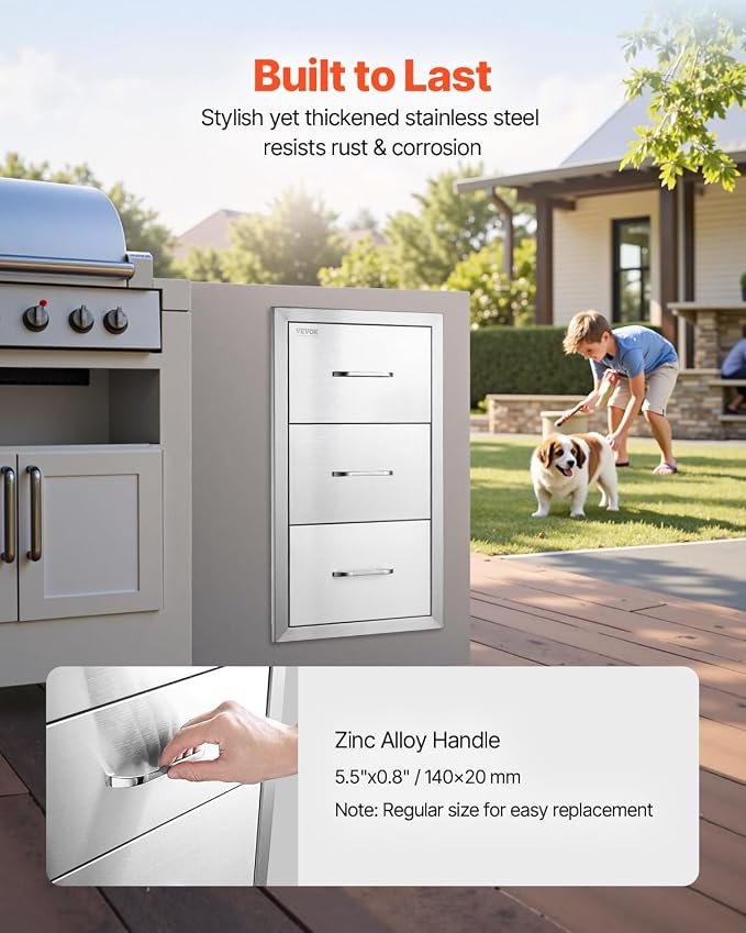 VEVOR Outdoor Kitchen Drawers 16" W x 28.5" H x 20.5" D, Flush Mount Triple Access BBQ Drawers with Stainless Steel Handle, BBQ Island Drawers for Outdoor Kitchens or BBQ Island Patio Grill Station