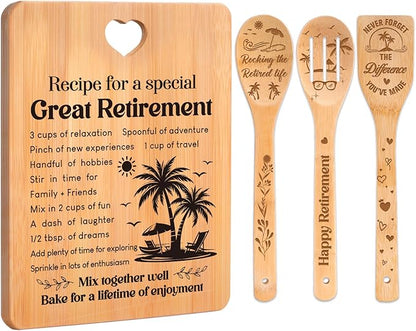 Retirement Gifts for Woman/Men 2026, Happy Retirement Bamboo Cutting Board Set for Colleagues, Coworker, Friend, Teacher, Boss, Parents, Family - Recipe for a Special Great Retirement.