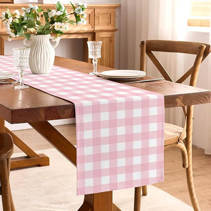 Pink Gingham Party Supplies Light Pink and White Checkered Table Runner Easter Baby Shower BBQ Picnic Home Kitchen Island Decor (Pink, 13" x 108")