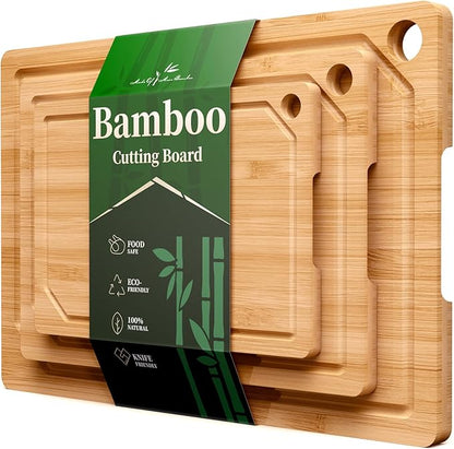 Kitsure Bamboo Cutting Board Set - Multi-Sizes Wooden Cutting Boards for Kitchen, Convenient Kitchen Essentials with Deep Juice Grooves, Cutting Board for Chopping & Serving, 3 Pack, Natural