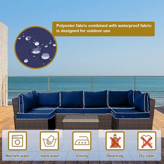 14 Piece Outdoor Patio Cushion Cover Replacement, Waterproof Patio Cushion Covers, Outdoor Furniture Cushion Covers Set for 6 Seat Wicker Rattan Sofa (Blue+White Side)