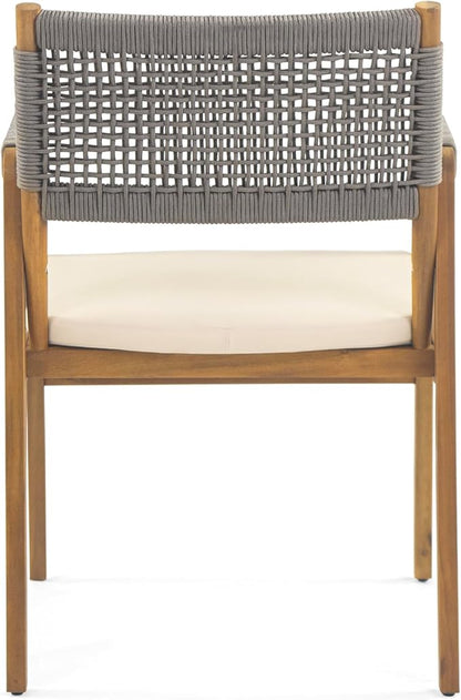Christopher Knight Home Set of 2 Terry Farmhouse Country Patio Acacia Wood Dining Armchairs, Outdoor Side Chair with Rope Woven Backrest, Garden/Backyard Accent Chair with Cushions,Grey+Natural Brown