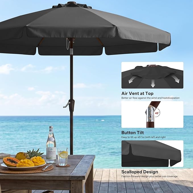 ABCCANOPY 9ft Scalloped Patio Umbrella, Outdoor Table Umbrella with Tilt and Crank, Fiberglass Ribs Deck Umbrella for Patio, Pool, Garden, Picnic (Deep Gray)