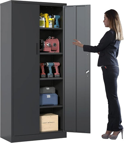 Metal Storage Cabinet with Adjustable Shelves, Garage Tool Cabinet with 2 Lockable Doors for Office, Home, Garage, Require Assembly, Black