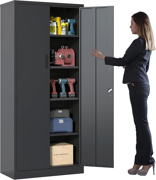 Metal Storage Cabinet with Adjustable Shelves, Garage Tool Cabinet with 2 Lockable Doors for Office, Home, Garage, Require Assembly, Black